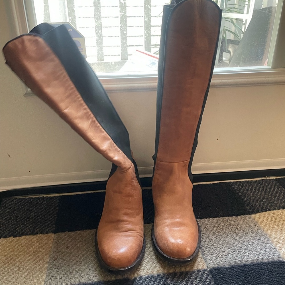 Vince Camuto Tan and Black Over the Knee Boots
